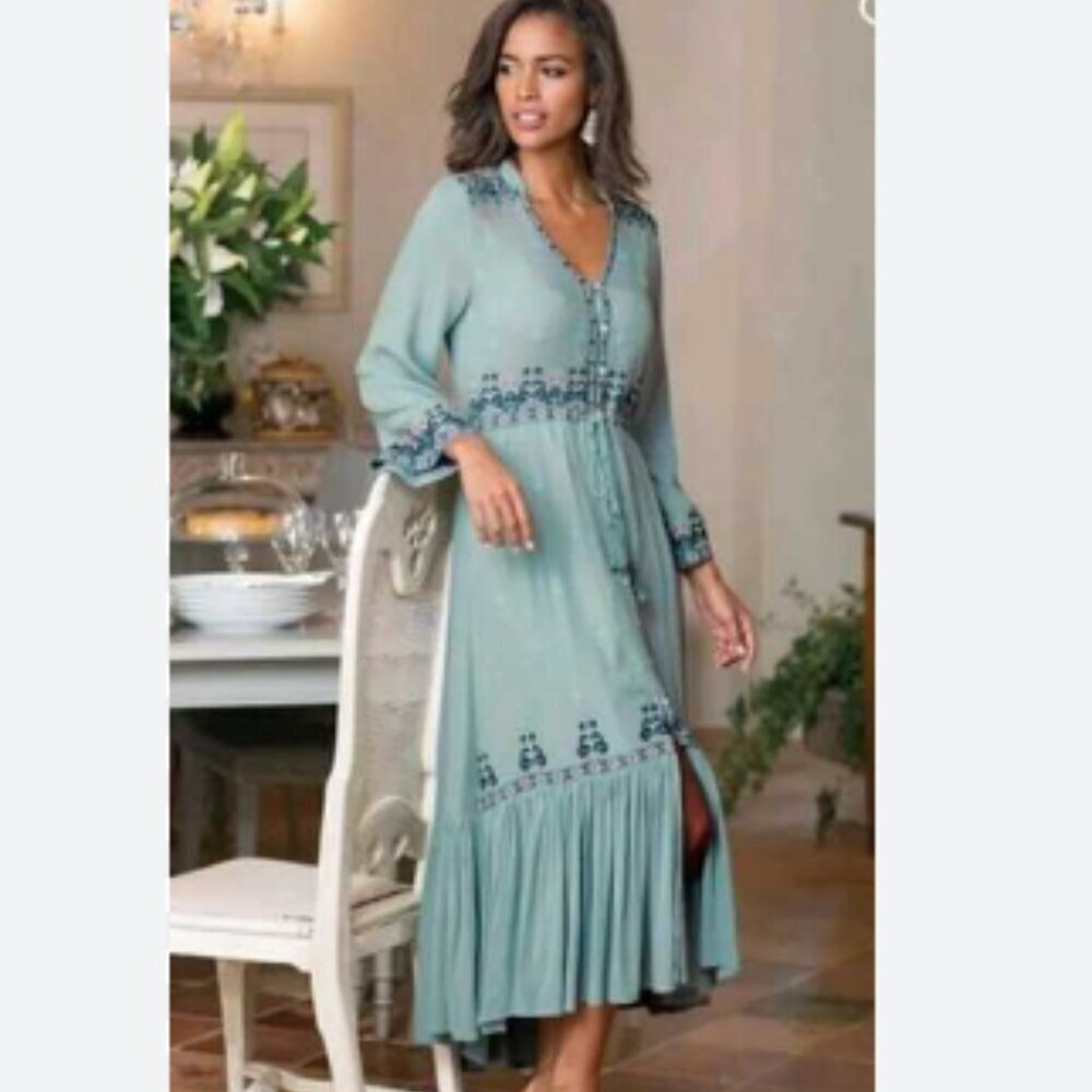 Soft Surroundings Coquette Light Green Lula Embroidered Boho Midi Dress Size S